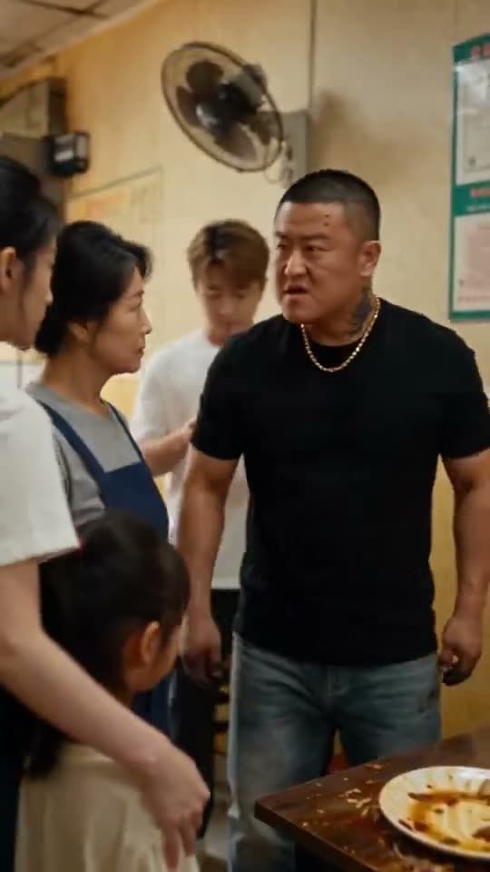 AI 生成的短剧画面：小餐馆里一家人和一位情绪激动的客人